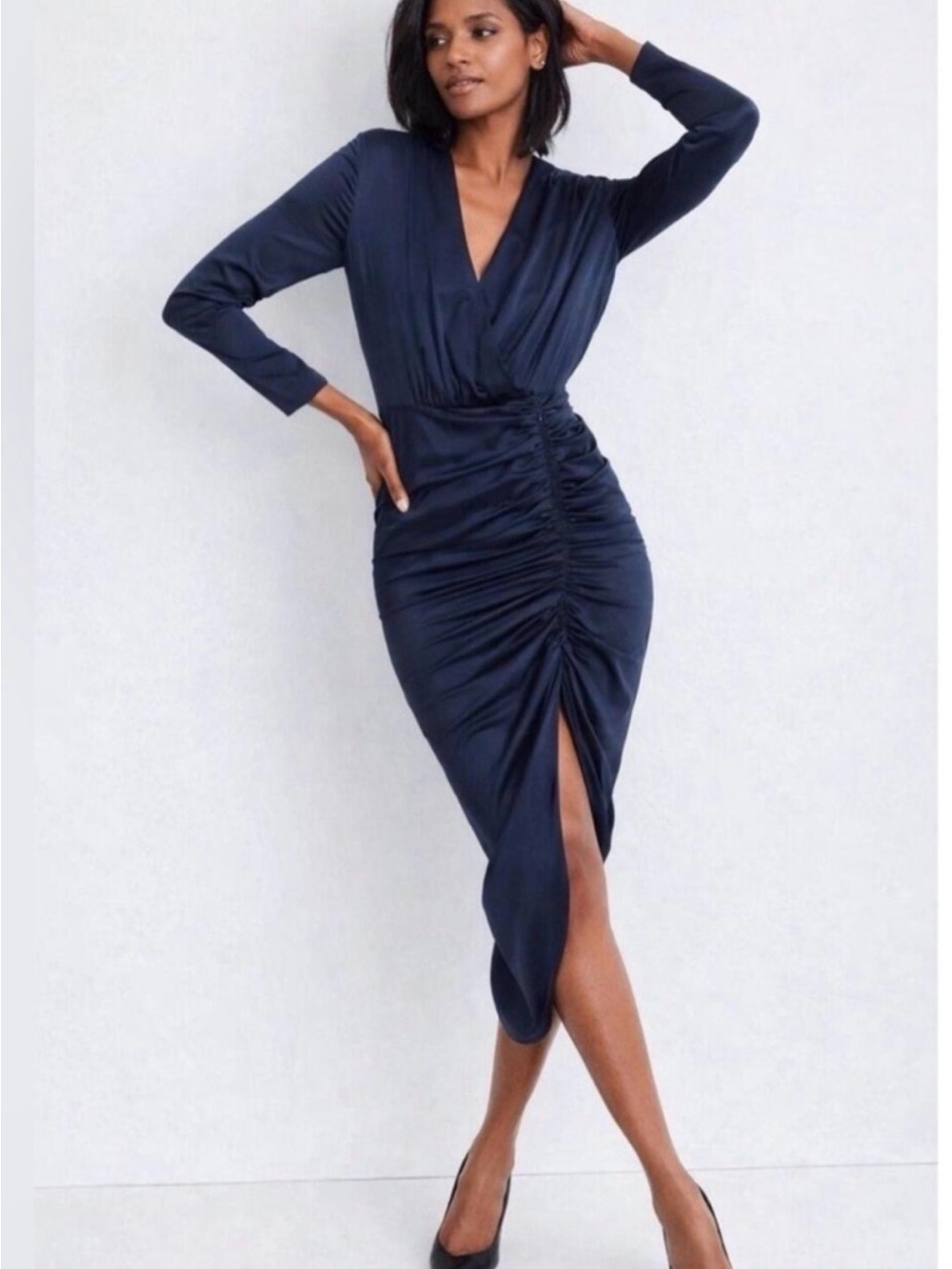 Veronica Beard Navy Ruched Long-Sleeve Midi Dress Size 4
